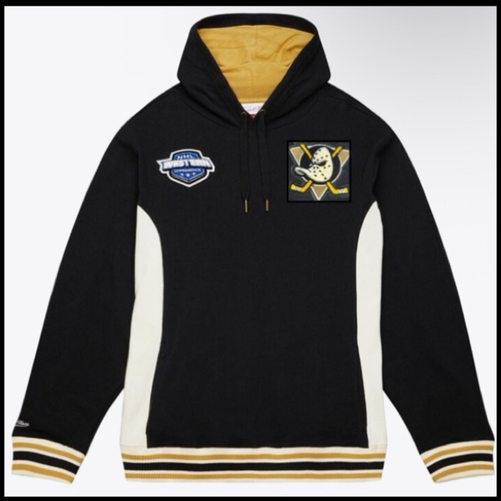 NWT Mitchell & Ness NHL French Terry Hoody, Anaheim Ducks, Black/White/Gold LG